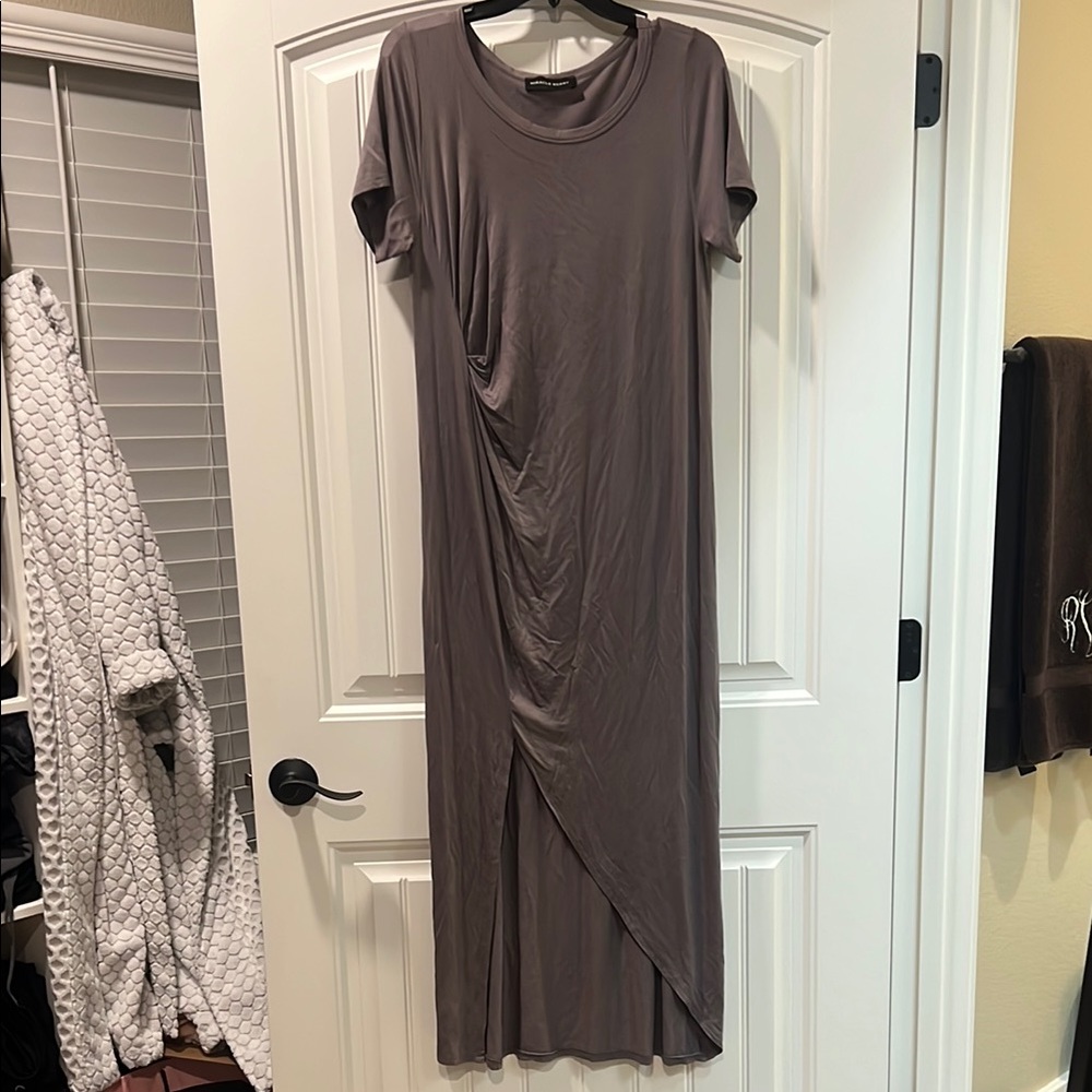 Miracle Gray Sheath Maxi Dress with Ruched Cuffed Sleeves